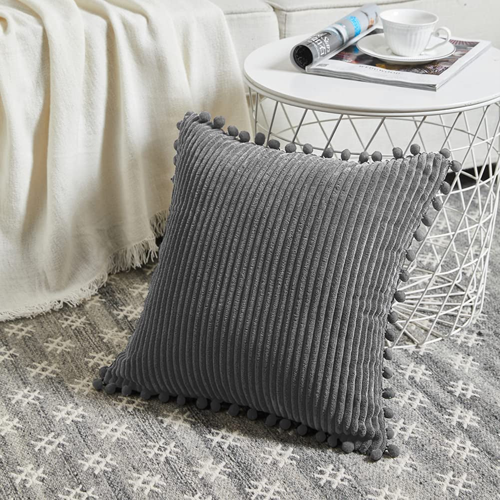2 Packs Dark Gray Decorative Throw Pillow Covers 18X18 Inch with Pom Poms, Boho Farmhouse Home Decor, Soft Corduroy Accent Square Cushion Case for Living Room Couch Bed Sofa 45X45 Cm