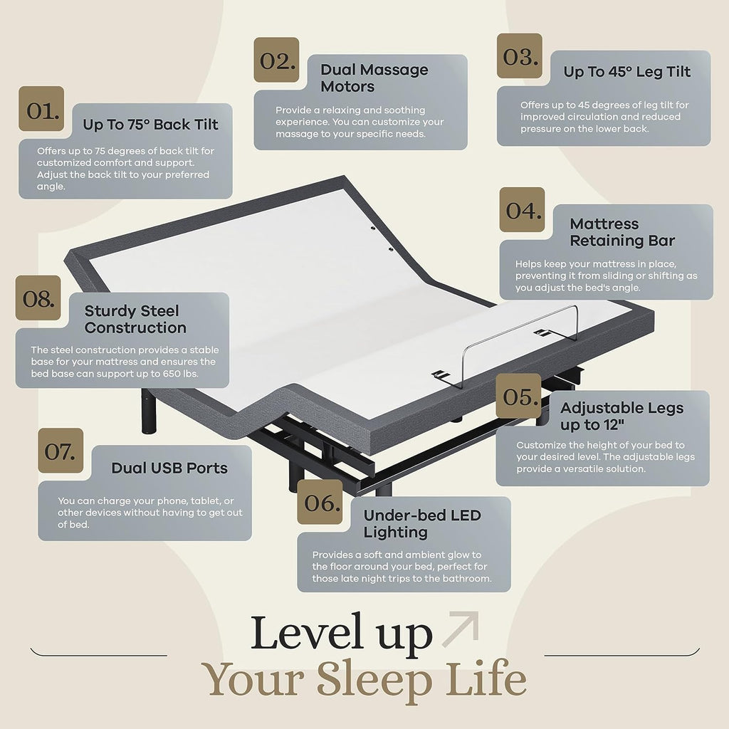 Queen Adjustable Bed Base Frame + 10” Luxury Cool Gel Memory Foam Mattress, Head up Foot Up, USB Ports, Zero Gravity, Interactive Dual Massage, Wireless, Classic (Queen)