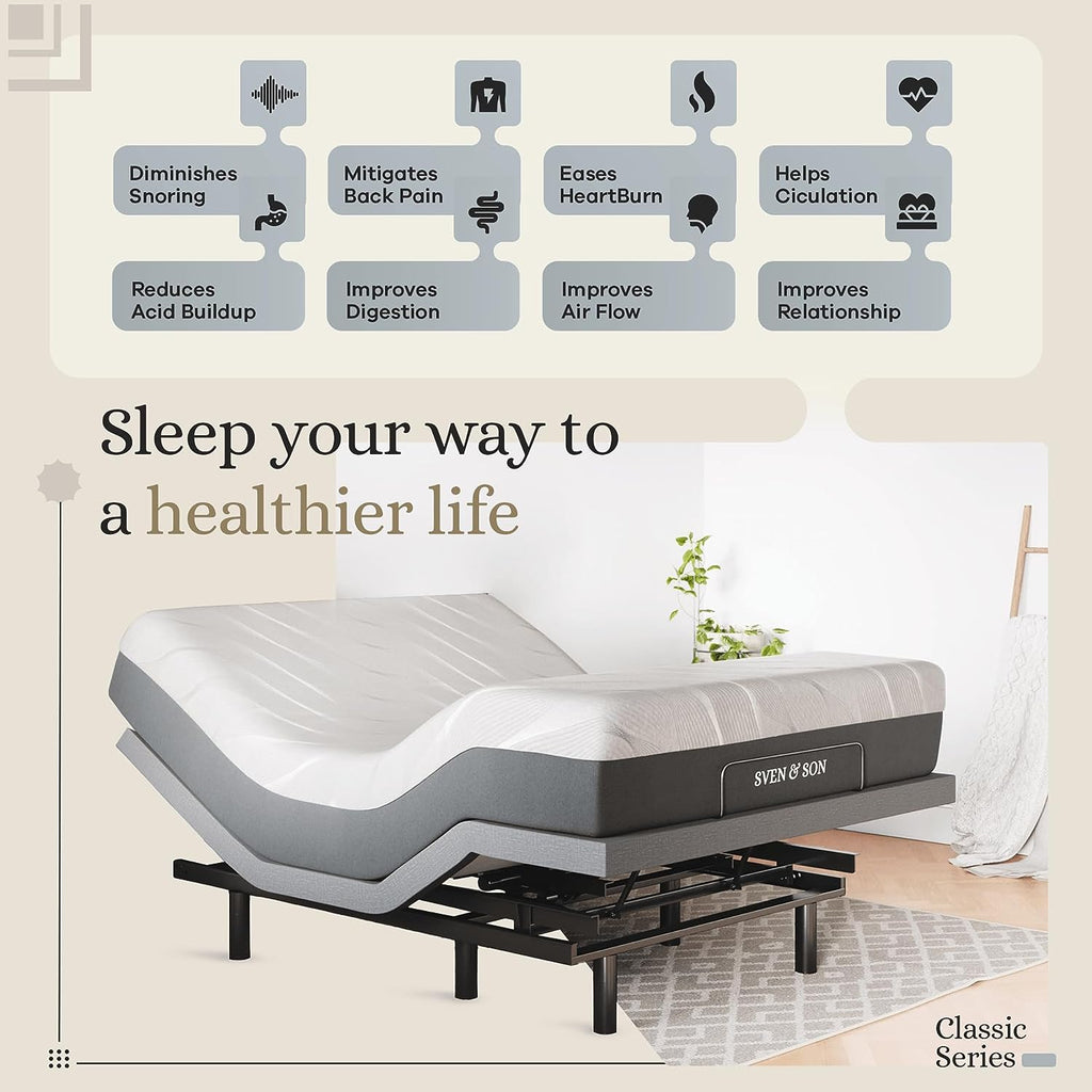 Queen Adjustable Bed Base Frame + 10” Luxury Cool Gel Memory Foam Mattress, Head up Foot Up, USB Ports, Zero Gravity, Interactive Dual Massage, Wireless, Classic (Queen)